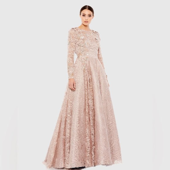 Mac Duggal $998 Embellished Illusion Long Sleeve A Line Gown - mocha Lace weddin - Picture 6 of 12